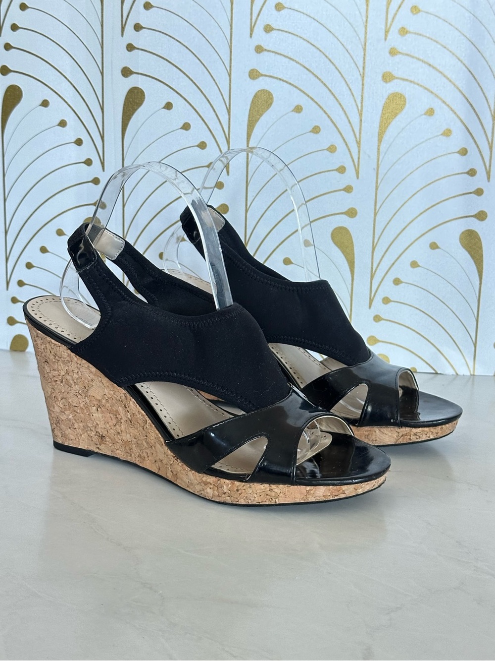 Adrienne Vittadini Black Cork Wedge Sandals Size 10